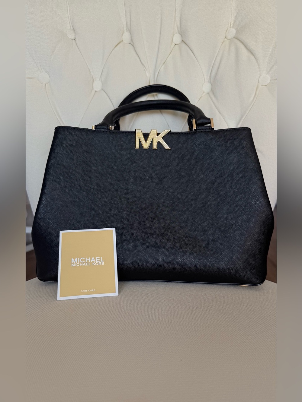 Michael Kors Florence Medium Saffiano Leather Satchel - Black/Gold - Picture 2 of 8